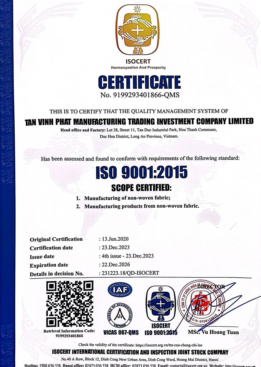 Certificate Tanvinhphat iso 9001:2015